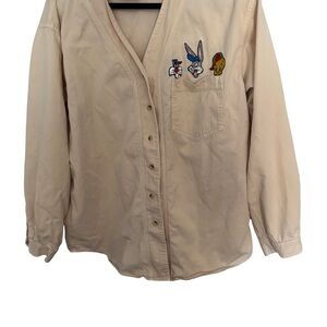 Cream Baseball Shirt with Cartoon Embroidery. See photos for ink mark on sleeve